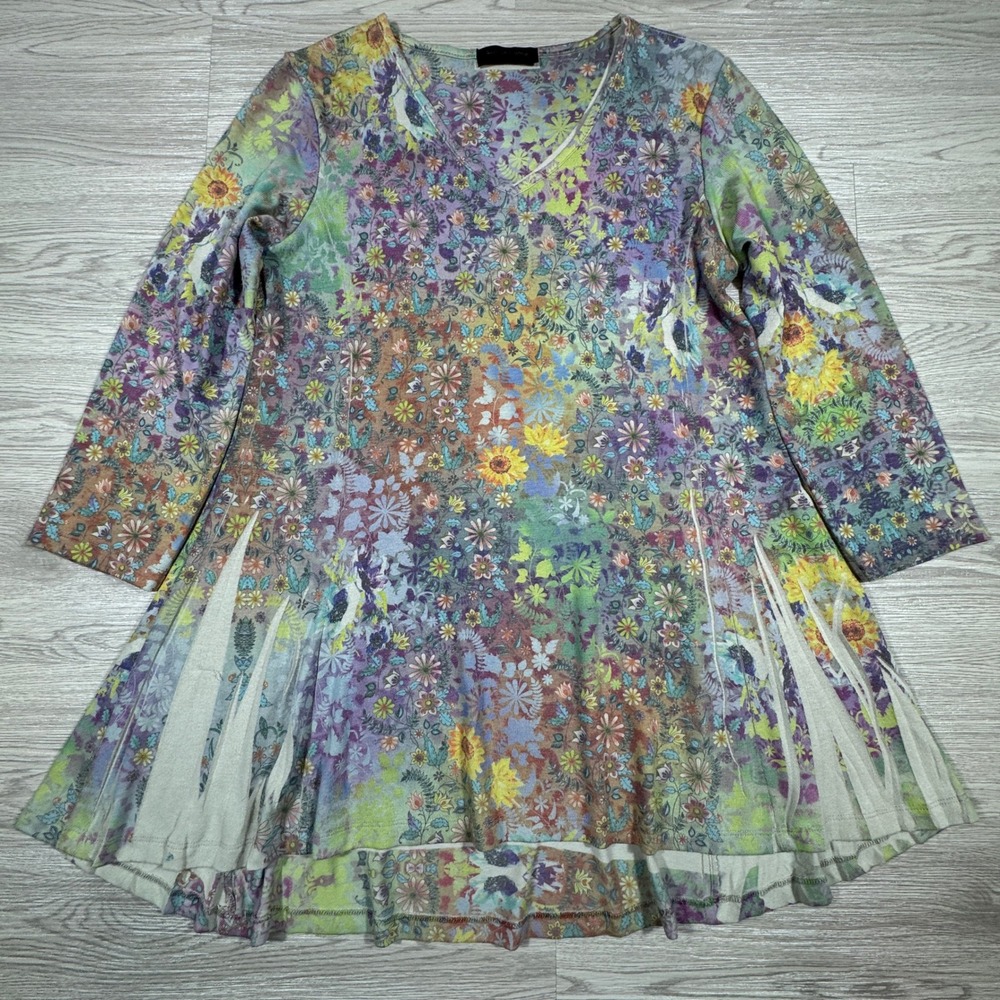 Katina Marie Women Tunic Top S Multi Color Floral V-Neck 3/4 Sleeve Swing Boho